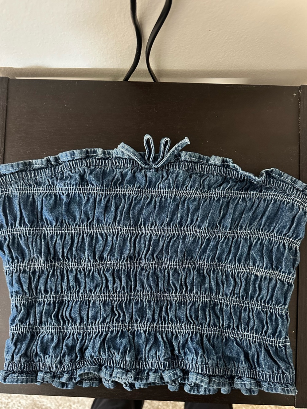 Denim Smocked Tube Crop Top - Blue